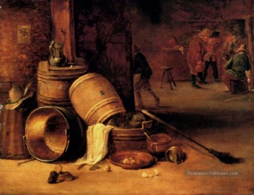  David Peintre - Une scène d’intérieur avec des pots de fûts des paniers d’oignons et des choux David Teniers le Jeune
